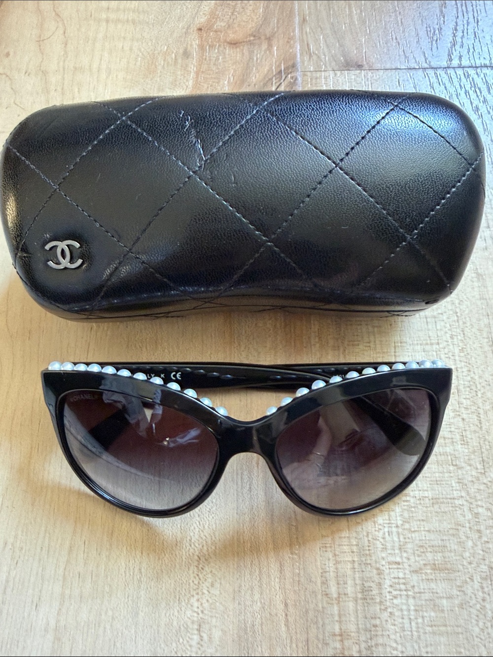 CHANEL Black Pearl-Trim Cat Eye Sunglasses